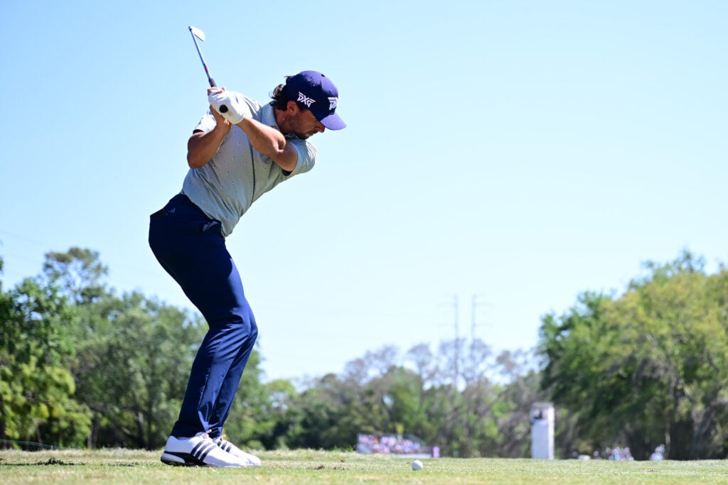 Marco Penge of England plays his shot from the eighth tee during the final round of the Valspar Championship 2026