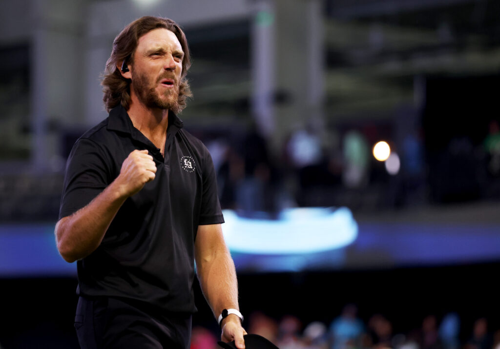 Tommy Fleetwood of the Los Angeles Golf Club looks on after the match against the Jupiter Links Golf Club at SoFi Center