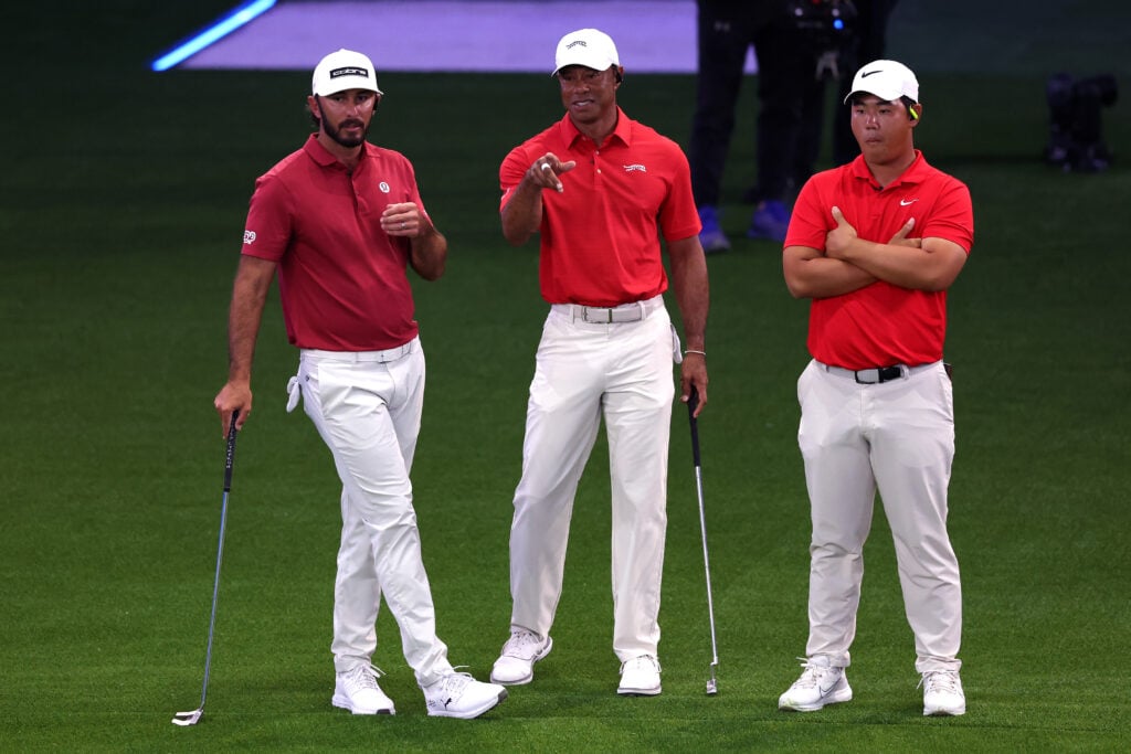 Tiger Woods, Max Homa and Tom Kim speak during the finals of TGL