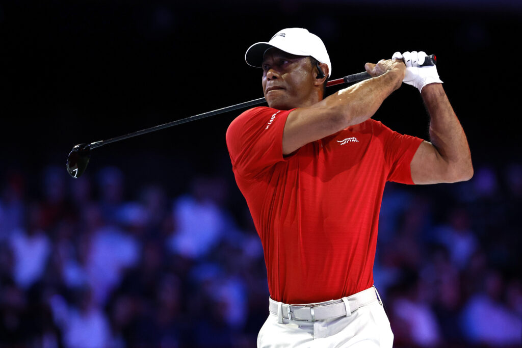 Tiger Woods of Jupiter Links Golf Club plays a shot on the ninth hole during the match against the Los Angeles Golf Club at SoFi Center