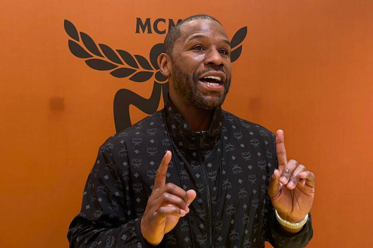 Floyd Mayweather speaks to media on Saturday, March 28, 2026, at the MCM retail store inside the Forum Shops at Caesars Palace. (Mick Akers/Las Veg...