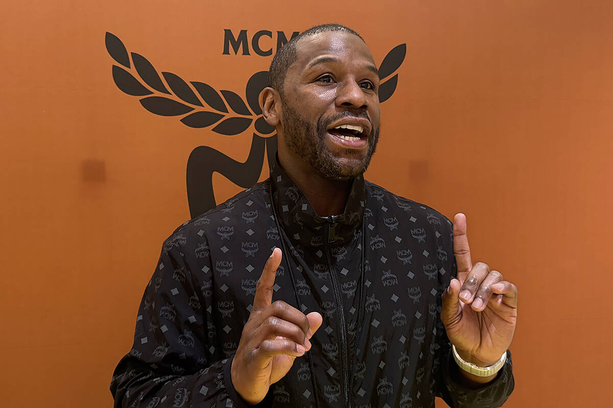 Floyd Mayweather speaks to media on Saturday, March 28, 2026, at the MCM retail store inside the Forum Shops at Caesars Palace. (Mick Akers/Las Veg...