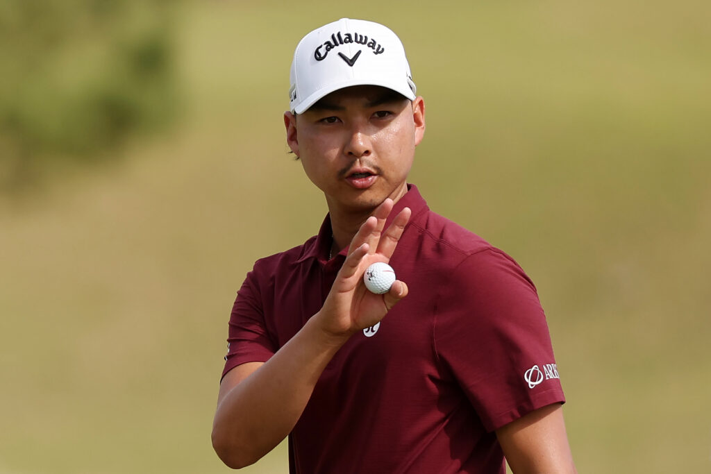 Min Woo Lee reacts after making birdie on the second green during the second round of the Texas Children's Houston Open