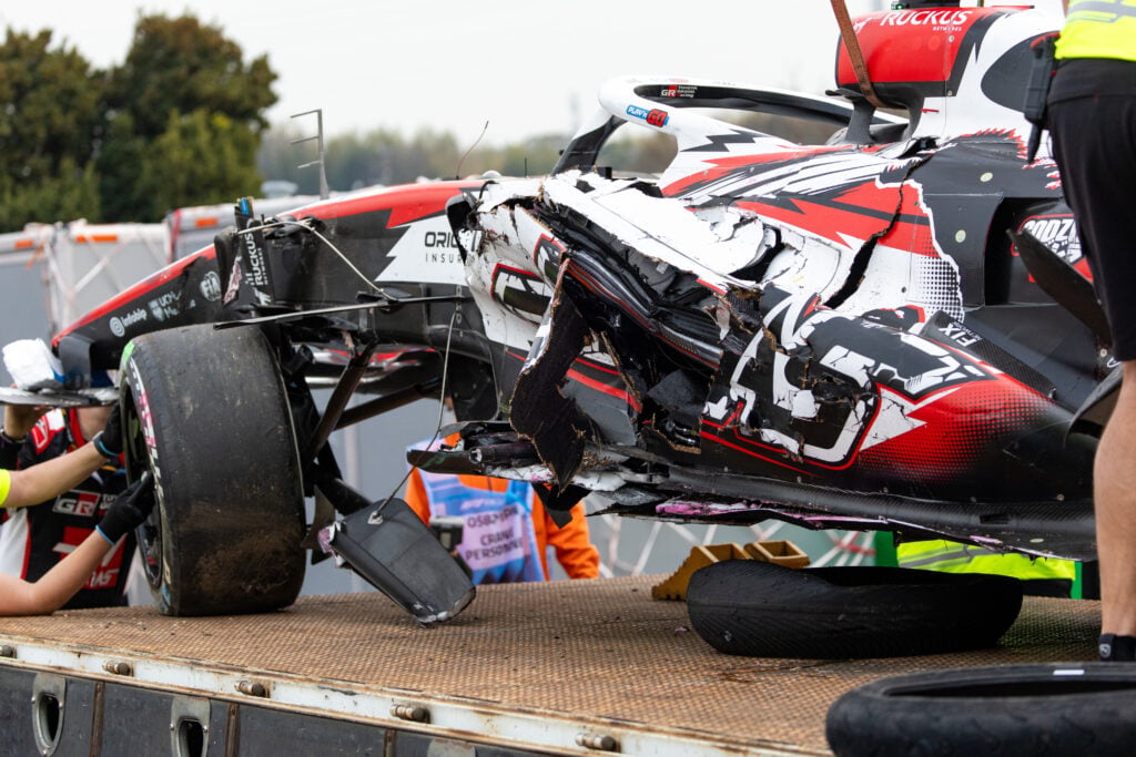 The damage to the Haas VF-26 of Oliver Bearman of Great Britain and Haas F1 Team following his crash during the F1 Grand Prix of Japan at Suzuka Circuit.