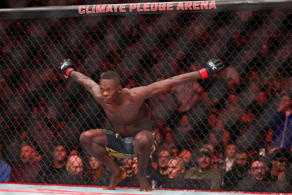 Israel Adesanya prepares to fight Joe Pyfer during their UFC middleweight bout duing UFC Fight Night at Climate Pledge Arena.
