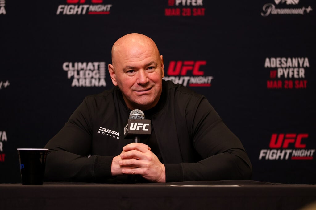 UFC President and CEO Dana White speaks during a post fight press conference during UFC Fight Night: Adesanya v Pyfer at Climate Pledge Arena.