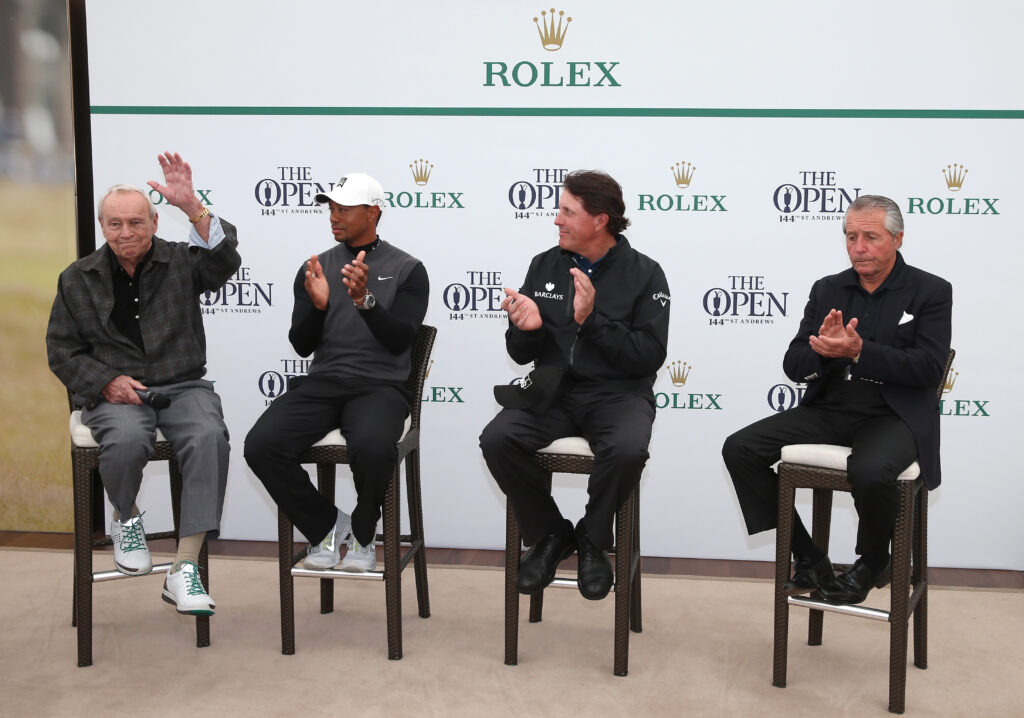 Gary Player and Phil Mickelson attend a presentation ahead of The Open Championship at St Andrews in 2015
