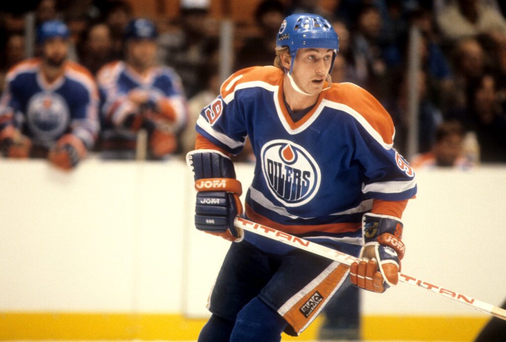 Wayne Gretzky #99 of the Edmonton Oilers skates on the ice during an NHL game against the New Jersey Devils on November 11, 1982 at the Brendan Byrne Arena in East Rutherford, New Jersey.