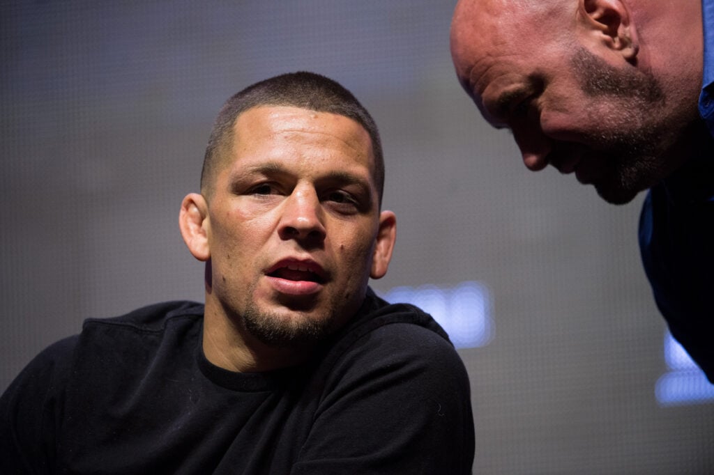UFC President Dana White talks to Nate Diaz during the UFC 202 - Press Conference at TMobile Arena.