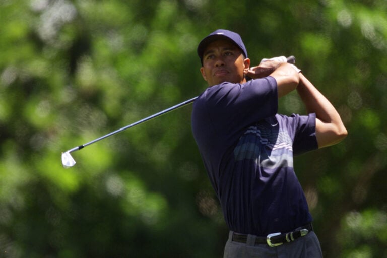 5 Jul 2001:   Tiger Woods hits a shot during the first round of the 2001 Advil Western Open at the Cog Hill G & C.C. in Lemont,  Illinois.   Ma...