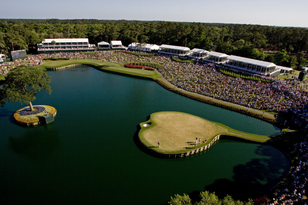 Phil Mickelson plays the 17th hole during the final round of THE PLAYERS Championship on THE PLAYERS Stadium Course at TPC Sawgrass on May 9, 2010