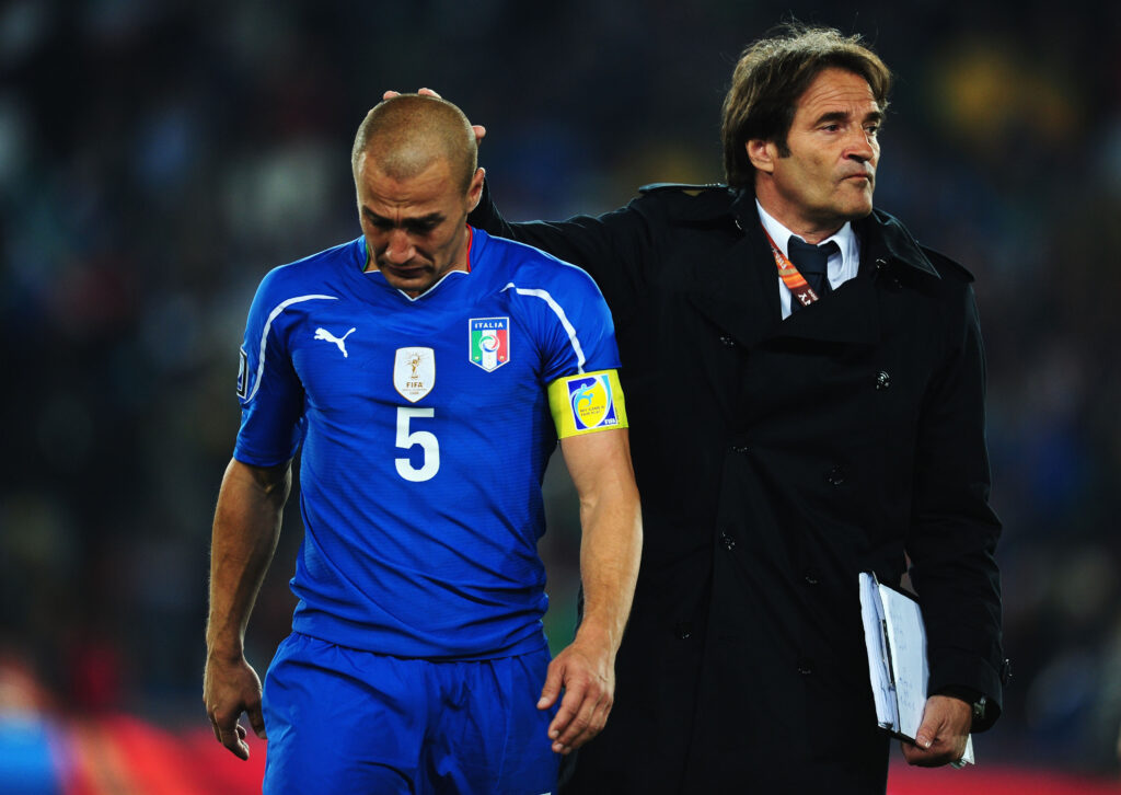 Fabio Cannavaro of Italy is dejected after the 2010 FIFA World Cup South Africa Group F match between Slovakia and Italy at Ellis Park Stadium on June 24, 2010 in Johannesburg, South Africa.