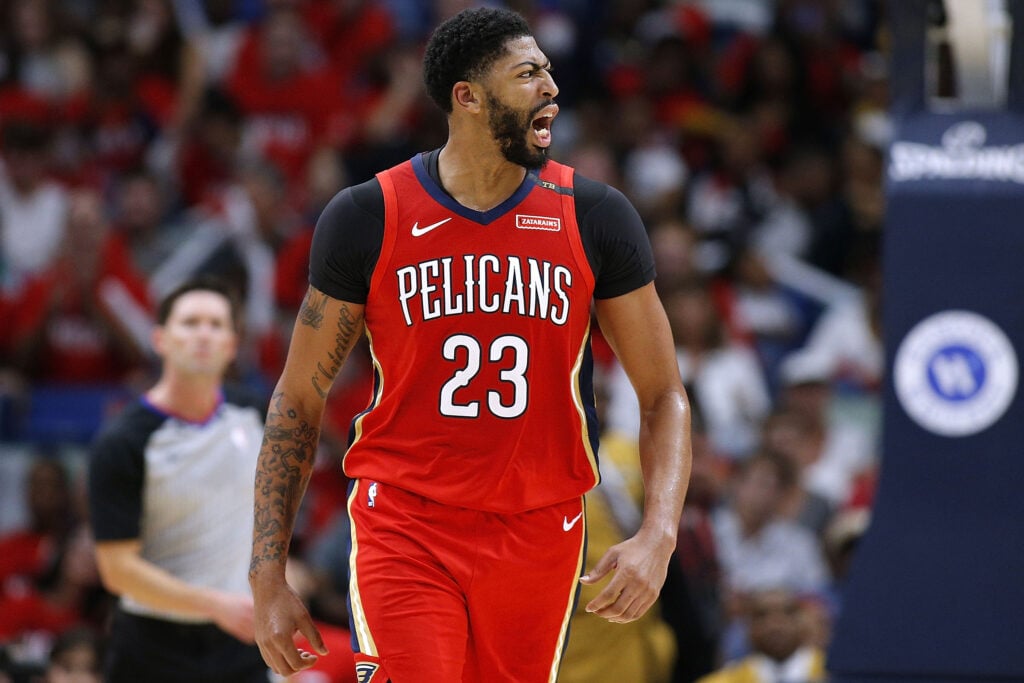 Anthony Davis #23 of the New Orleans Pelicans reacts during the first half against the Sacramento Kings at the Smoothie King Center.