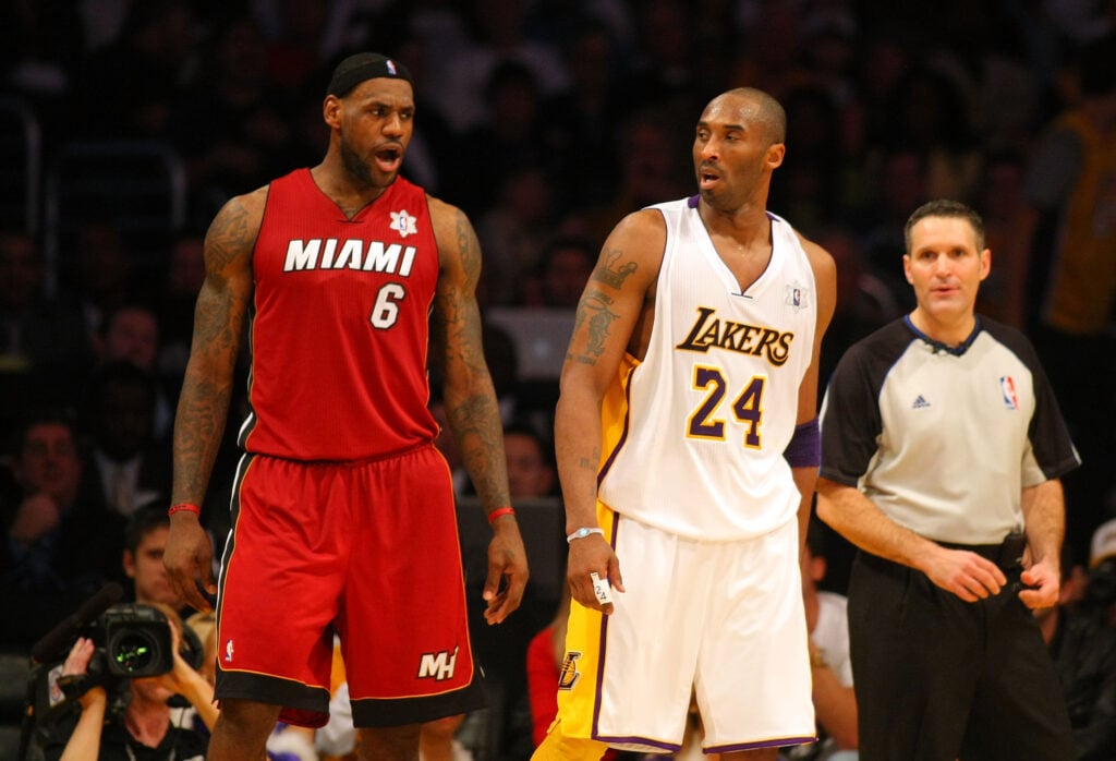 LeBron James #6 of the Miami Heat exchanges words with Kobe Bryant #24 of the Los Angeles Lakers late in the fourth quarter during the NBA game at Staples Center.