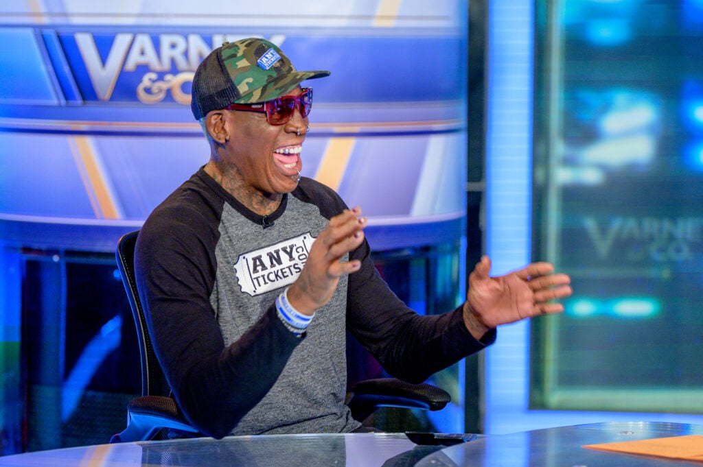 Former NBA Basketball player Dennis Rodman Visits "Varney & Co." with guest-host David Asman at Fox Business Network Studios.