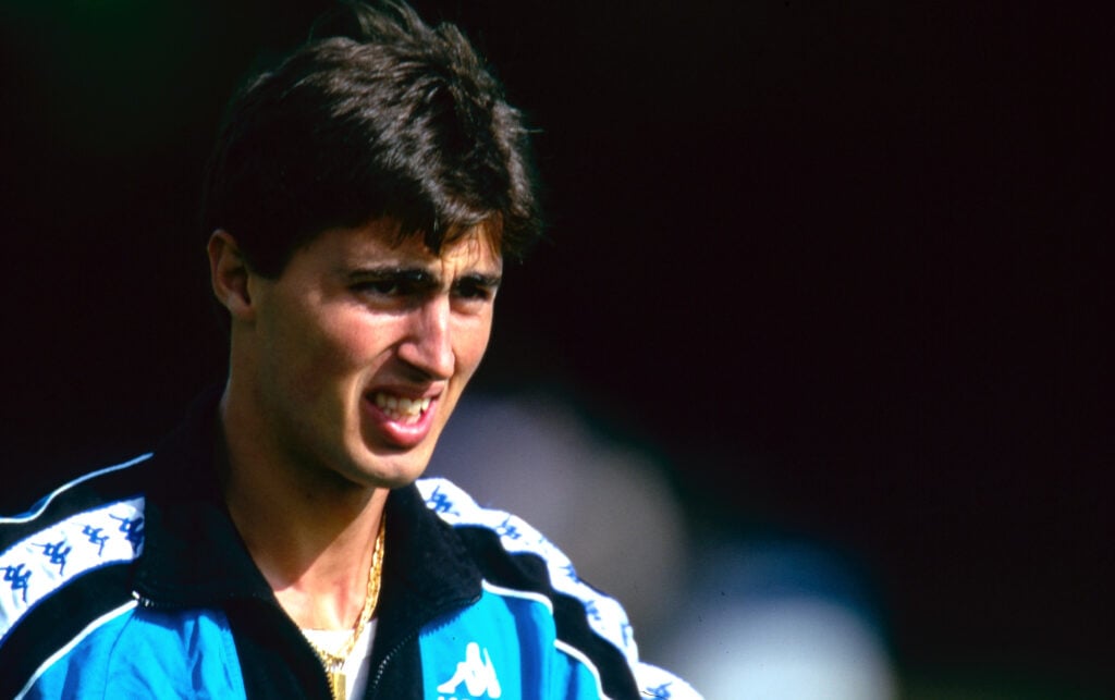 Juventus player Dino Baggio during a training session on 1992.