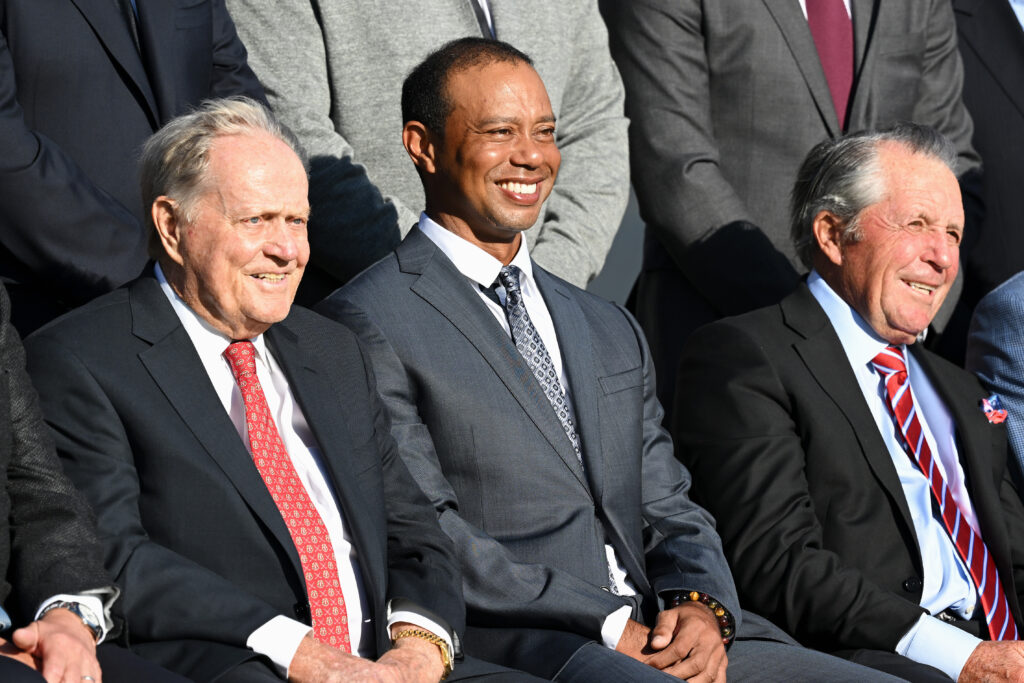 Jack Nicklaus, Tiger Woods and Gary Player before the Past Champions Dinner prior to The 150th Open at St Andrews