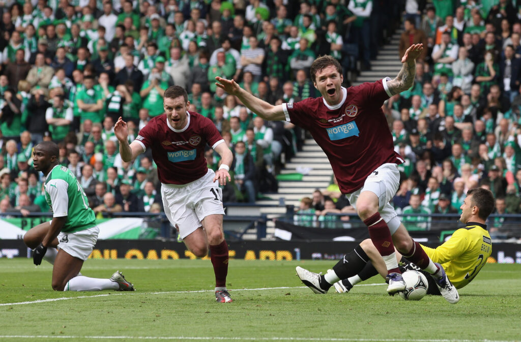 Darren Barr of Hearts celebrates scoring a goal during the William Hill Scottish Cup Final between Hibernian and Hearts at Hampden Park on May 19, 2012 in Glasgow, Scotland.