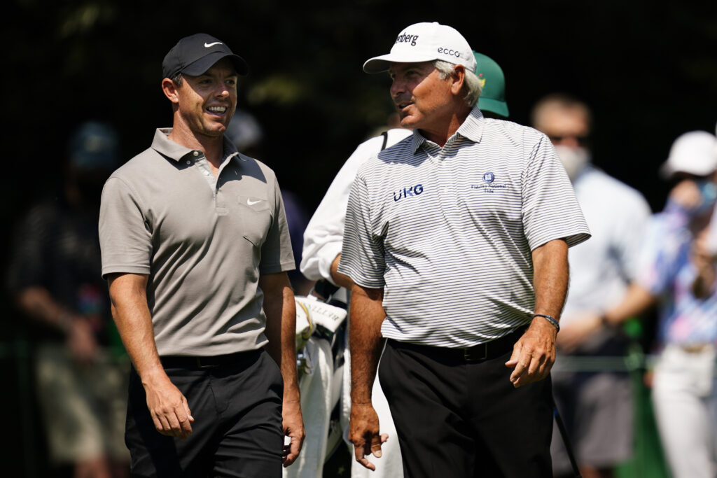 Fred Couples and Rory McIlroy on the No. 7 tee during a practice round ahead of The Masters at Augusta National IN 2021