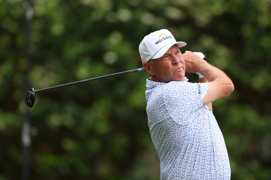 Davis Love III plays his shot from the sixth tee during the first round of the RBC Heritage at Harbour Town Golf Links
