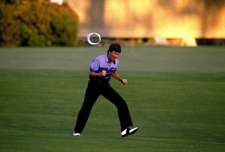 12 Apr 1987:  Larry Mize of the USA celebrates chipping in on the second play-off hole number 11 to win the masters during the US Masters 1987 held...