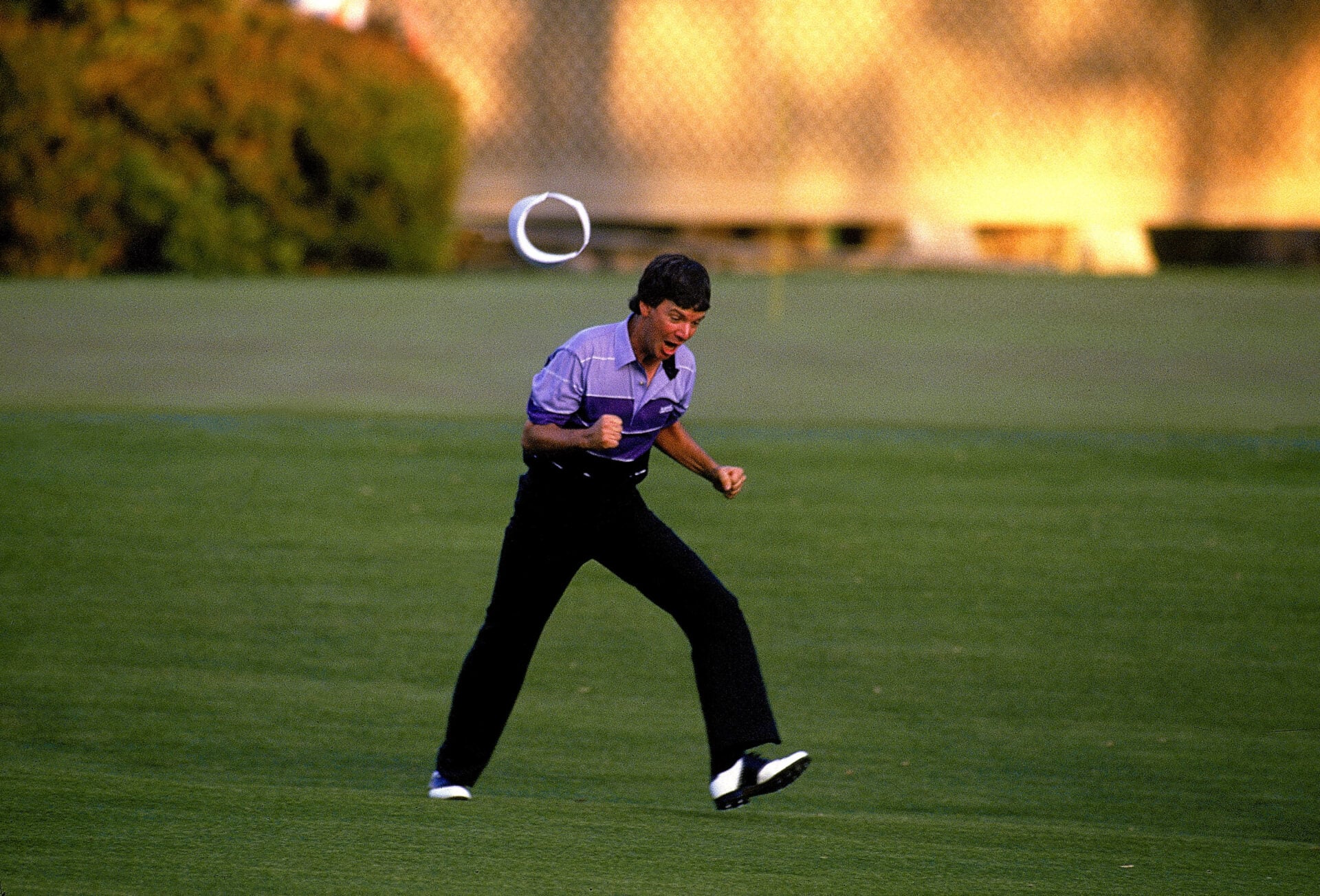 12 Apr 1987:  Larry Mize of the USA celebrates chipping in on the second play-off hole number 11 to win the masters during the US Masters 1987 held...