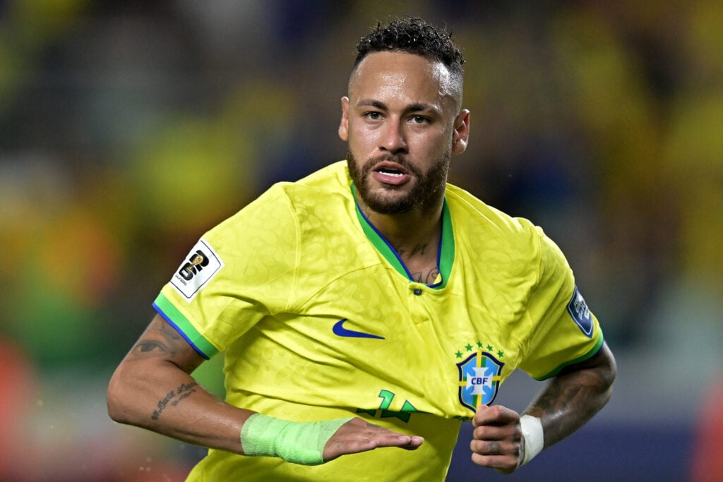 Neymar Jr. of Brazil celebrates after scoring the fourth goal of his team during a FIFA World Cup 2026 Qualifier match between Brazil and Bolivia at Mangueirao on September 08, 2023 in Belem, Brazil.