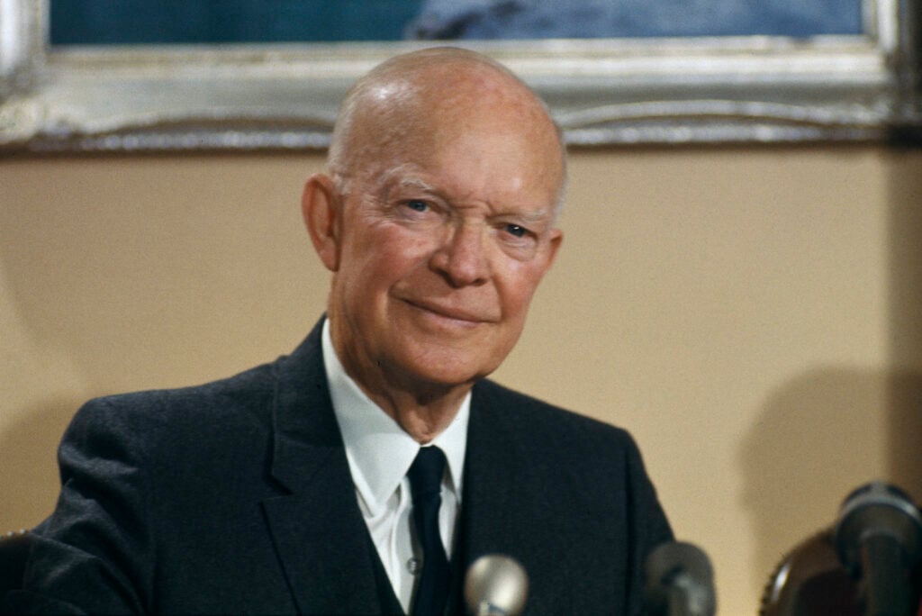 Former US President Dwight D Eisenhower (1890 - 1969) attending a press conference on the eve of his 77th birthday.