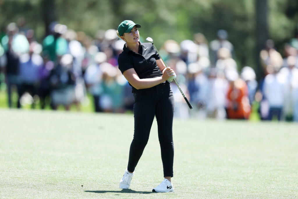 Bailey Shoemaker of the United States plays her second shot on the 15th hole during the final round of the Augusta National Women's Amateur at Augusta National Golf Club on April 06, 2024