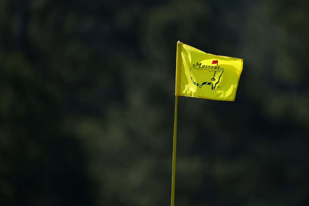 A general view of The Masters logo on a flag during a practice round prior to the 2024 Masters at Augusta National