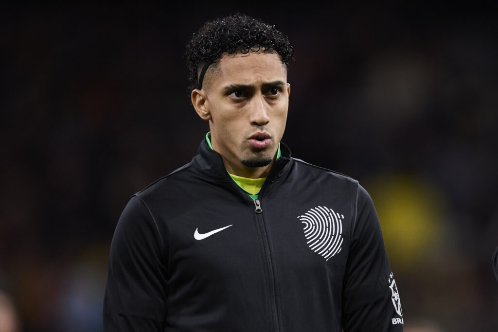 Raphael Dias Belloli Raphinha of Brazil looks on prior to the friendly match between Spain and Brazil at Estadio Santiago Bernabeu.