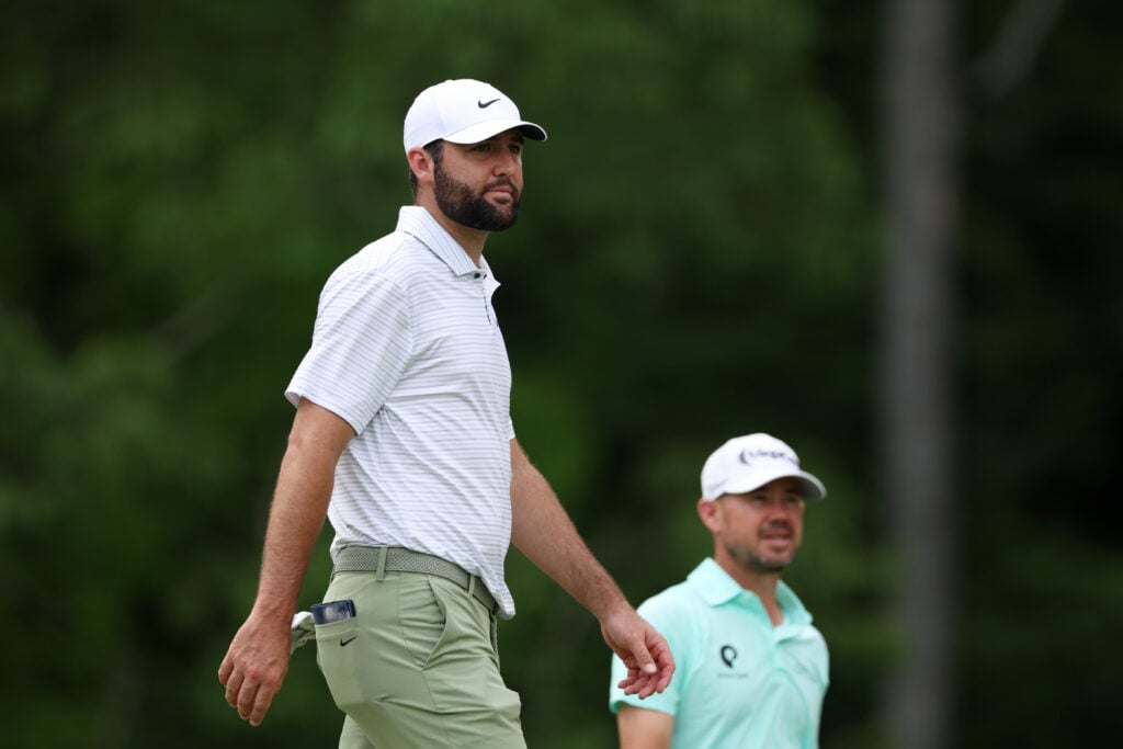 Scottie Scheffler and Brian Harman during the first round of the 2024 PGA Championship at Valhalla Golf Club