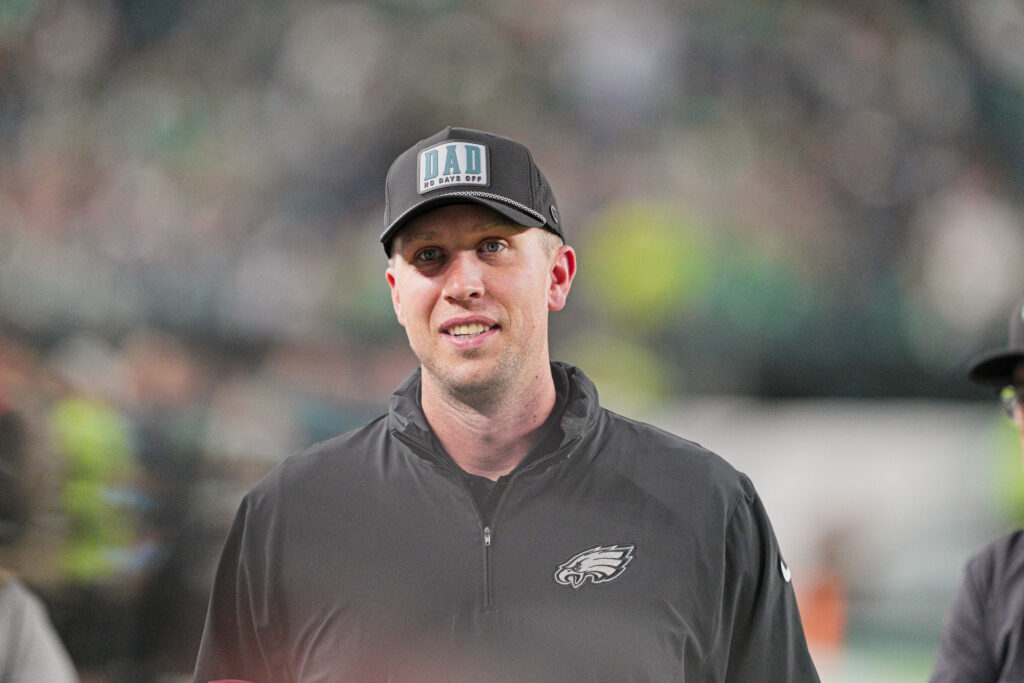 Philadelphia Eagles retired quarterback Nick Foles (9) looks on during the game between the Philadelphia Eagles and the Atlanta Falcons on September 15, 2024 at Lincoln Financial Field.