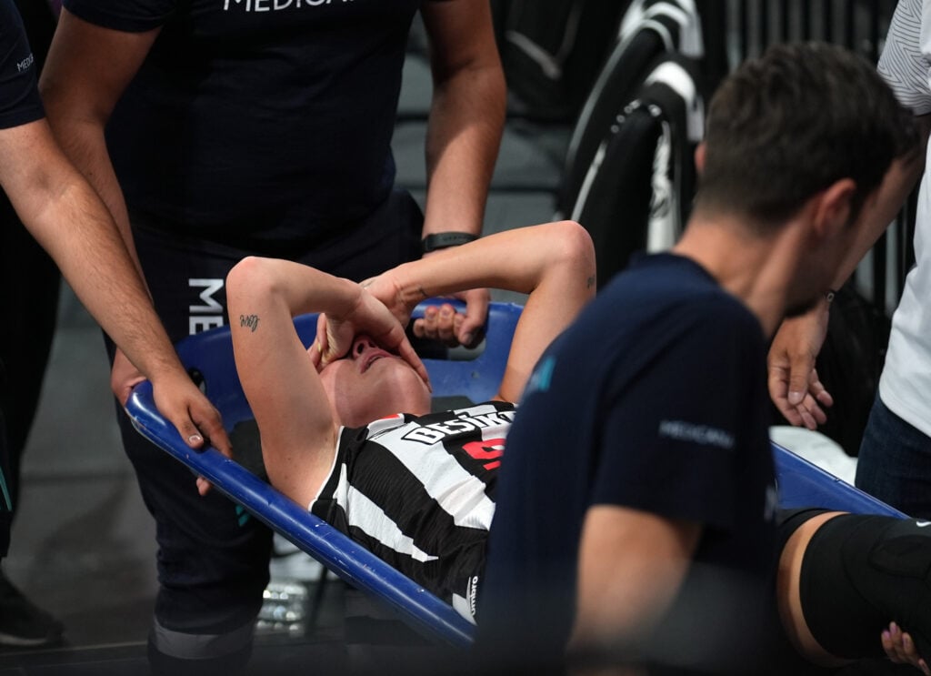Nika Muhl of Besiktas gets injured during FIBA Women's Super Cup basketball match between Fenerbahce Opet and Besiktas at the Basketball Development Center.