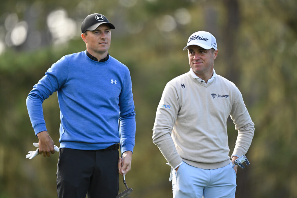 Jordan Spieth and Justin Thomas on the 12th hole during the first round of AT&T Pebble Beach Pro-Am at Pebble Beach Golf Links
