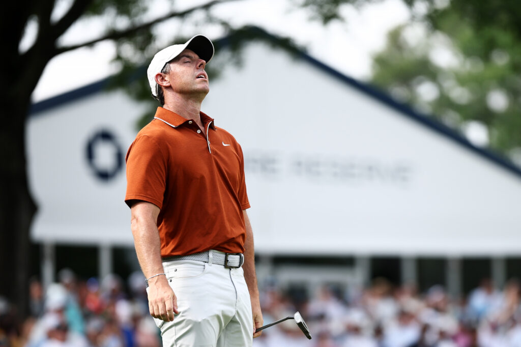 Rory McIlroy looks frustrated after a missed putt during the second round of the PGA Championship