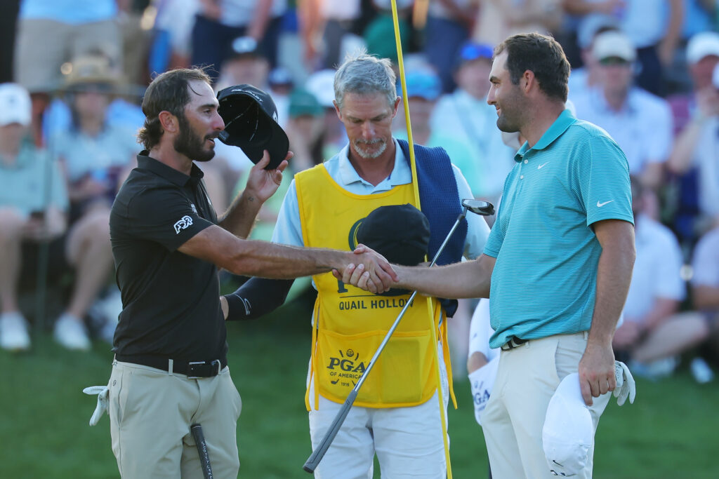 Max Homa and Scottie Scheffler shake hands after the third round of the PGA Championship at Quail Hollow