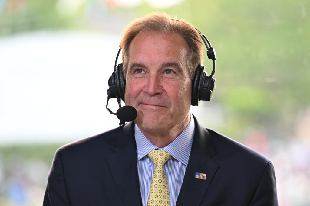 Jim Nantz is seen on the CBS sports desk during the third round of the Memorial Tournament presented by Workday at Muirfield Village Golf Club.