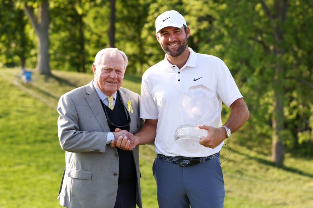 Jack Nicklaus with Scottie Scheffler after the final round of the Memorial Tournament at Muirfield Village Golf Club