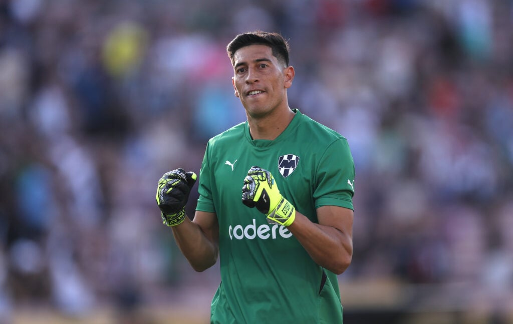 CF Monterrey goalkeeper Esteban Andrada celebrates a goal during the FIFA Club World Cup 2025 group E match between Urawa Red Diamonds and CF Monterrey at Rose Bowl Stadium.