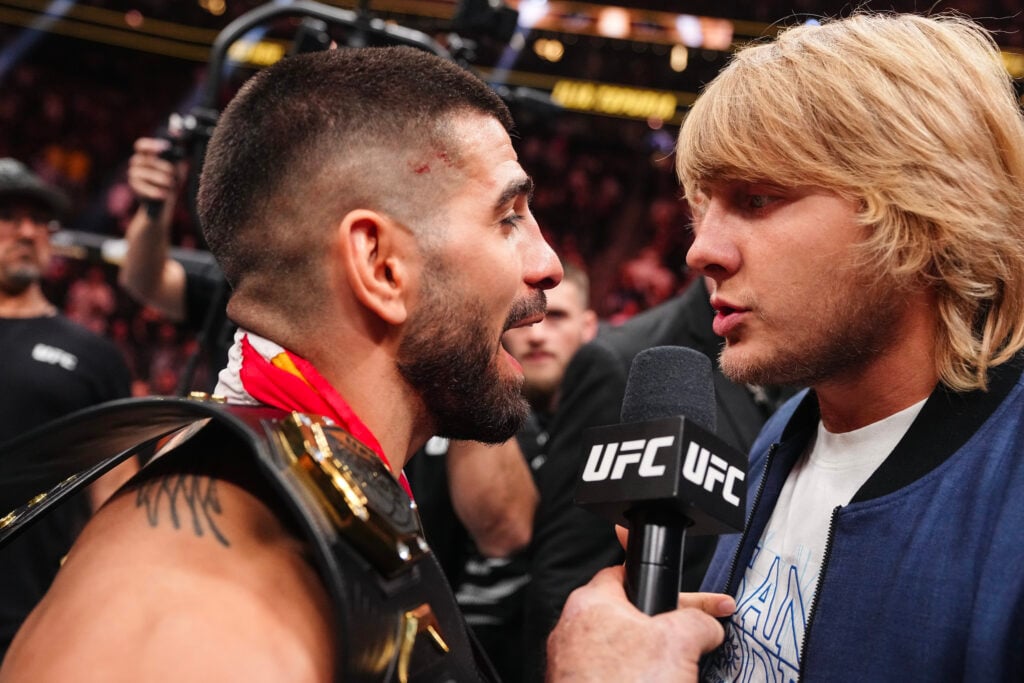 Ilia Topuria of Spain faces off against Paddy Pimblett in the UFC lightweight championship bout during the UFC 317 event at T-Mobile Arena.