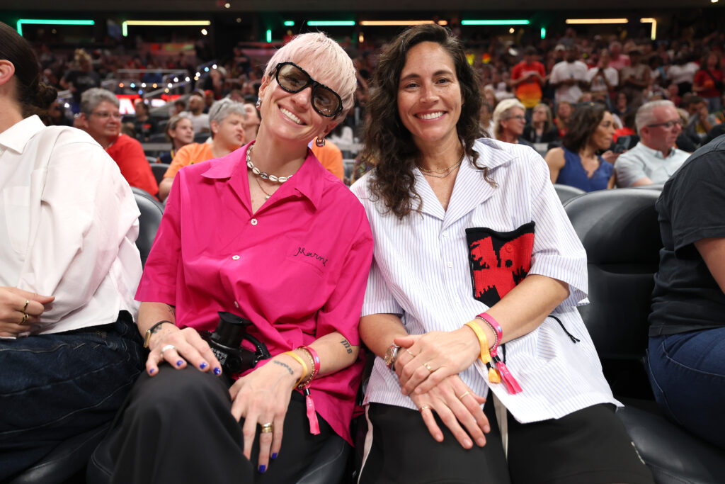 Megan Rapinoe and Sue Bird pose during the WNBA STARRY 3-Point Contest during the 2025 AT&T WNBA All-Star weekend at Gainbridge Fieldhouse.