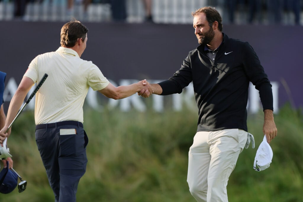 Scottie Scheffler and Matt Fitzpatrick after finishing the third round of The 153rd Open Championship at Royal Portrush