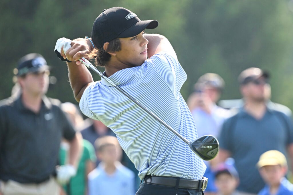 Charlie Woods hits his tee shot on the first hole during the final round of the 2025 Junior PGA Championship at Birck Boilermaker Golf Complex
