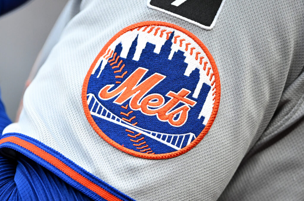 A view of the New York Mets logo on their uniform during the game against the Washington Nationals at Nationals Park.