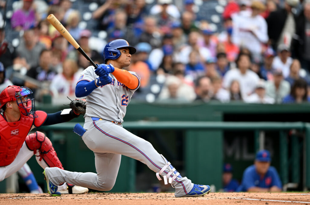 Juan Soto #22 of the New York Mets bats against the Washington Nationals at Nationals Park.