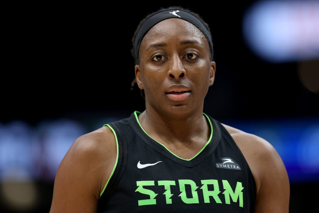 Nneka Ogwumike #3 of the Seattle Storm looks on against the New York Liberty at Climate Pledge Arena.