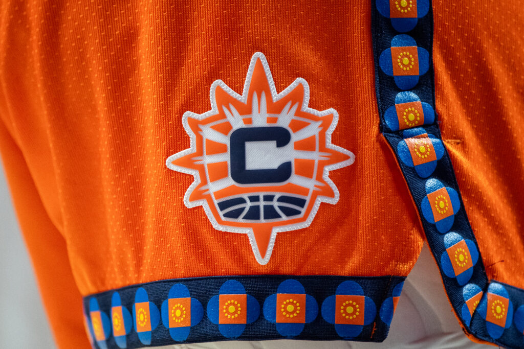 A close up view of the Connecticut Sun logo on shorts during a WNBA game between the Atlanta Dream and the Connecticut Sun.