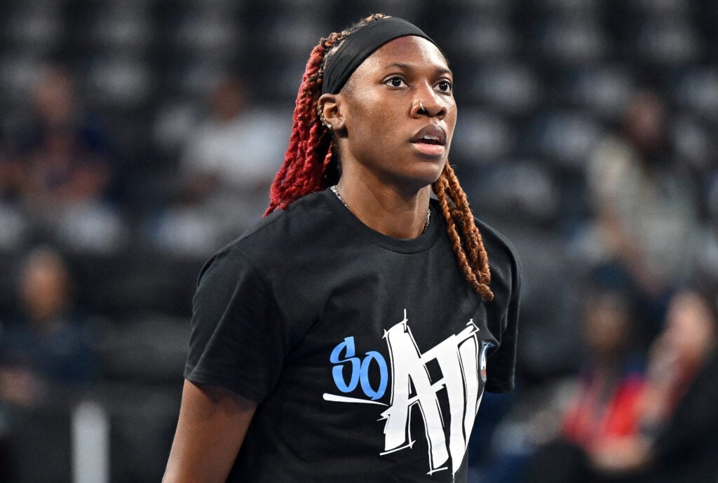 Rhyne Howard #10 of the Atlanta Dream warms up prior to game three of the first round of WNBA Playoffs against the Indiana Fever at Gateway Center Arena.