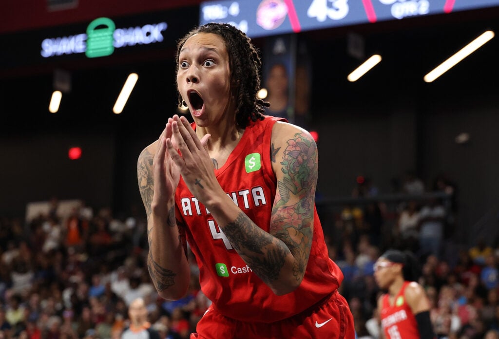 Brittney Griner #42 of the Atlanta Dream reacts after she was charged with a foul against the Indiana Fever during the second quarter of game three of the first round of WNBA Playoffs between the Indiana Fever and Atlanta Dream at Gateway Center Arena.